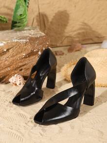 On feet& in love Women's Fashion Elegant Square Toe Asymmetric Chunky Heel Sandals