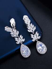 1 Pair Clip On Bridal Long Drop Non Pierced Earrings Silver Plated Cubic Zirconia Wedding Jewelry For Women Brides Bridesmaids Engagement Pageant Party - White - View 6