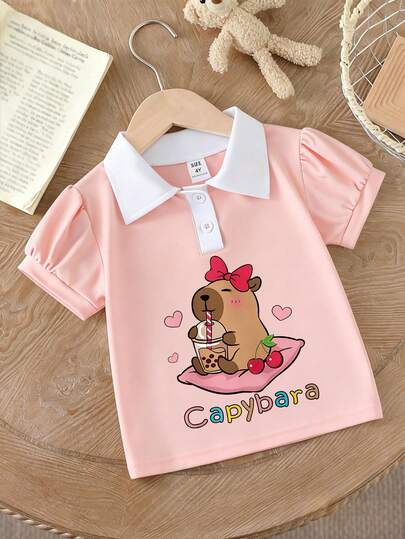 Girls Cute Pattern T-Shirt, Pink Polo Collar Short Sleeve Top With Cartoon Dugong Print, Adorable For Outings And Gatherings
