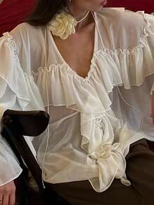 女士休闲性感薄纱雪纺衬衫，V领开衫长袖荷叶边雪纺宽松上衣，纯色雪纺前开襟纽扣薄纱荷叶边性感沙滩度假休闲办公夏季白色春季 - 白色 - 查看 8