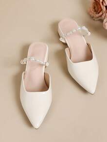 Giày mules hở gót mũi nhọn đính ngọc trai mới dành cho nữ, gót thấp, kiểu dáng casual. - Màu be - Xem 7