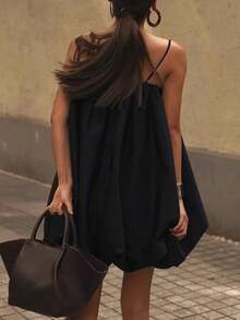Women's Casual French Style Spaghetti Strap Ruffle Mini Dress, Solid Color Elegant Woven Fabric Casual Beach Holiday Daily Date Dress, Spring/Summer - Black - View 8