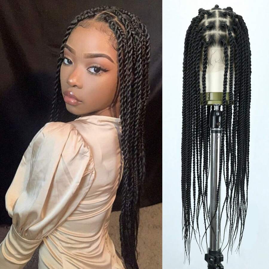 360度高清全蕾丝编织假发，无结编织假发，扭辫假发，带婴儿发的全蕾丝假发，手工钩编合成扭辫假发，36英寸自然黑色，适合日常、节日和派对佩戴 - 彩色 - 查看 1