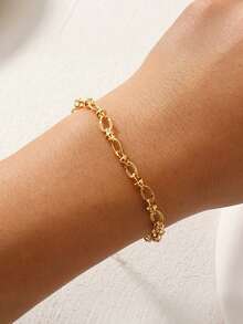 1 pieza Brazalete de mujer de moda con relieve, minimalista, de acero inoxidable, cadena pura, accesorio de mano - Amarillo Oro - Ver 1