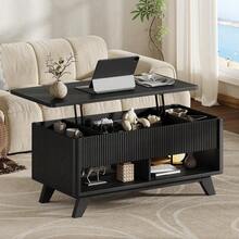 Black Lift Top Coffee Table, 47.2" Mid Century Modern Fluted Coffee Table With Storage, Rising Pull Up Wood Modern Center For Living Room, Office - 黑色 - 查看 6