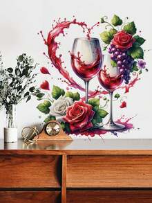 1片装多尺寸PVC可移除墙贴，情人节装饰墙贴，浪漫玫瑰花、爱心、接吻情侣、优雅羽毛爱心、节日氛围酒杯和巧克力图案，适用于卧室、客厅、书房、餐厅、浴室、家居墙面装饰、房间装饰 - 彩色 - 查看 4