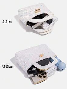 1件装女童新款时尚亮片优雅手提包，高端单肩斜挎包，扭锁装饰五金顶部提手系列，链条肩带包，母女同款包包，钱包，可调节肩带单肩包，适合日常、派对、旅行，理想礼物 - 大小號手提包 - 查看 5