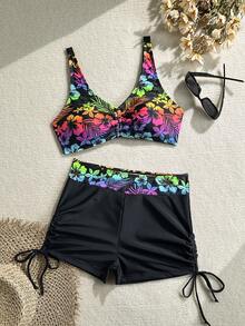 2pcs/Set Floral Print Twist Drawstring Tie Swimwear Beach Outfit, Summer Vacation - Multicolor - View 3