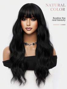 26英寸自然黑色长波浪卷耐热合成纤维假发，带刘海，轻盈柔软蓬松，适合女性时尚、日常佩戴、节日聚会、约会、优雅派对、万圣节、圣诞节、角色扮演、洛丽塔风格等场合。 - 黑色 - 查看 9