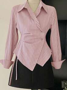 Women's Casual Commuter Striped Wrap Shirt - Pink - View 5