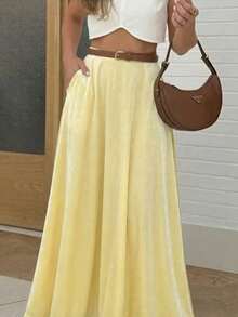Elegant Knitted Fabric Long Flared Skirt For Women Stylish Party Outfits Medium Stretch - Yellow - View 6
