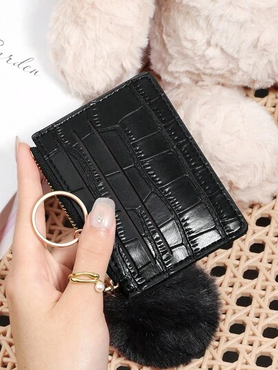 饰有精致绒球，黑色石纹鳄鱼纹PU皮便携拉链超薄简约小巧6卡位钱包，多卡位钱包，时尚男女通用短款钱包，简约日常使用