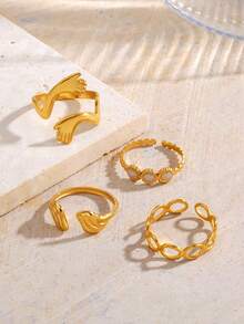 4件套不锈钢18K镀金几何椭圆翅膀拥抱戒指套装，适合女性日常及派对佩戴