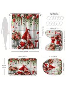 1/4 Piezas Conjunto de decoración del Día de San Valentín, con figuritas de gnomos en pareja con corazón, rosa y patrones florales. Esta adorable y romántica cortina de ducha roja y rosa es lavable, perfecta para la decoración del baño. Incluye 12 ganchos y una alfombra de baño antideslizante, así como una tapa de inodoro en forma de U, convirtiéndolo en un excelente regalo para los seres queridos. - Multicolor - Ver 5