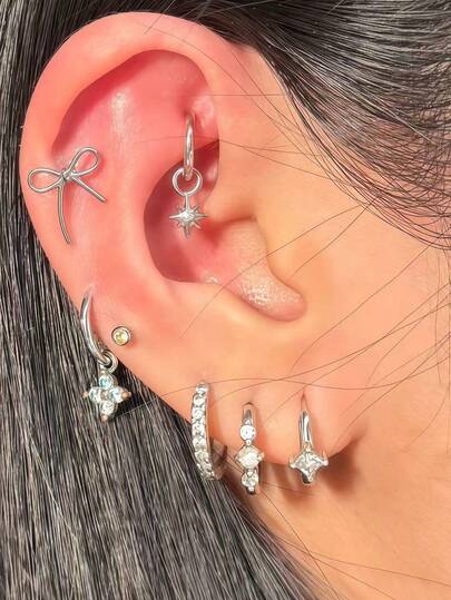 7pcs Elegant Bow & Octagram Earrings Set, Fashion Accessories For Women To Wear To Work, Dates, Music Festivals