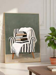 1件装舒适阅读角墙饰，椅子上堆放着一摞书，中性美学装饰，爱书之人墙饰，头顶书本的女子图案，文学装饰，阅读灵感艺术品，复古卧室艺术画，客厅装饰，办公室装饰，教室装饰，墙饰，家居装饰，房间装饰，帆布墙饰，海报，带框墙饰，可选画框 - 彩色 - 查看 2
