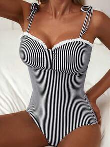 Womens Tummy Control One Piece Swimsuit Tie Shoulder Bathing Suit - White - View 3