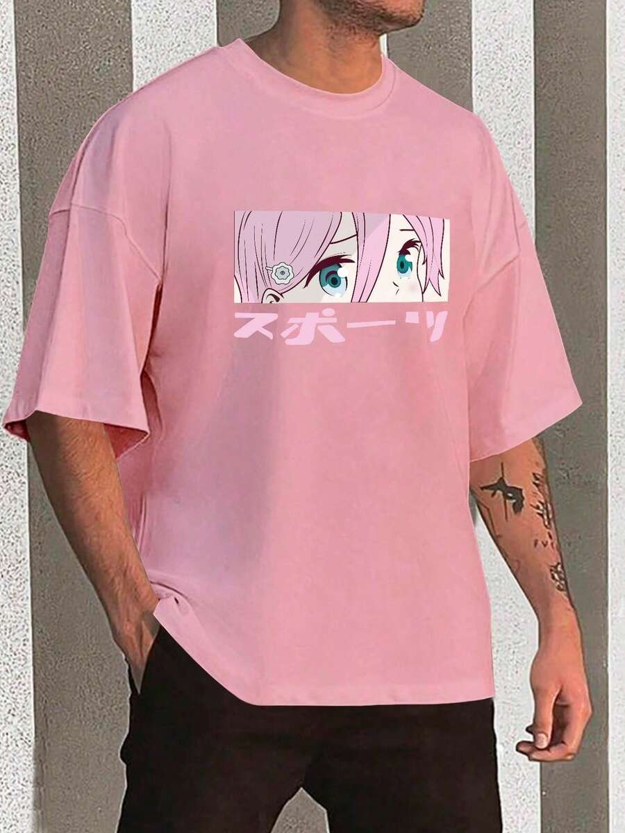 Y2K Anime Eye Print Oversized T-Shirt, Loose Fit, Premium Soft Fabric, Summer/Spring - 淺粉色 - 查看 1