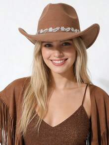 棕色毡布牛仔帽，饰有水钻叶子帽带 - 西部风格女牛仔帽，适合女士参加派对和户外活动 - 彩色 - 查看 2
