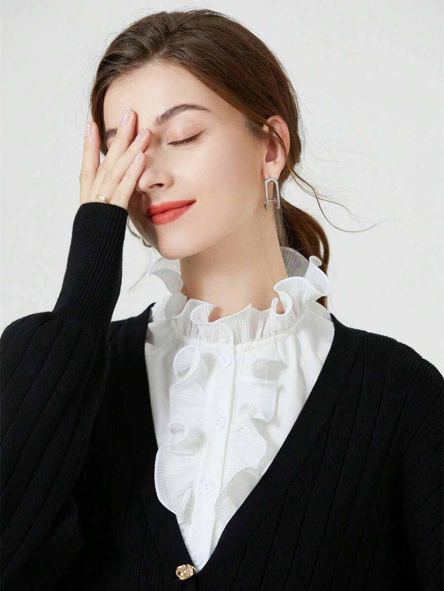 Women's Detachable Polyester Collar | White Lace Stand Collar Design With Ruffle Trim | Half Shirt False Collar For Casual And Formal Wear | Hand Washable, Smooth Texture | Great Accessory For Sweaters And Suits | Accessory | Polyester Collar - Multicolor - View 1