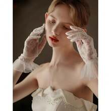 Short Lace Mesh Gloves Tulle Border With Pearls Wedding Opera Tea Party Gloves For Women Formal,OneSize,White - White - View 4