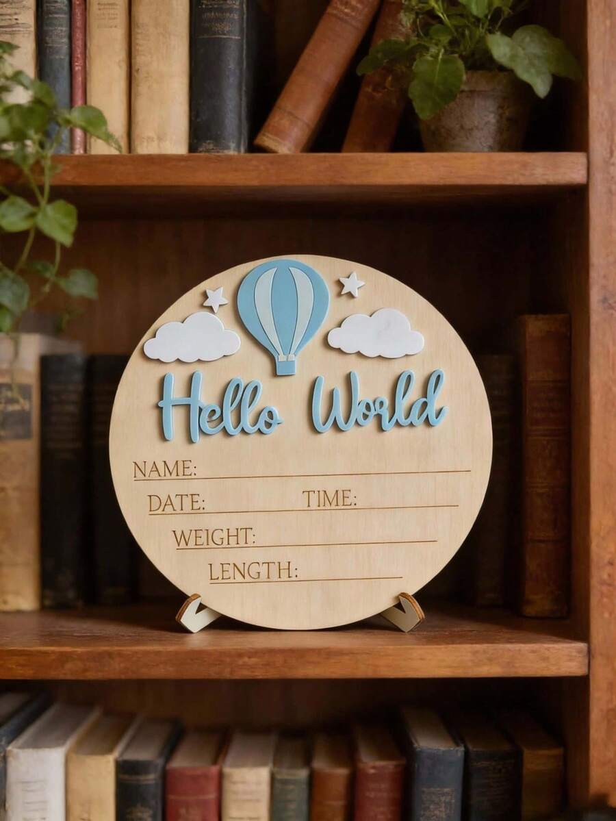 1pc "Hello World" Birth Announcement Board, Baby Photo Prop Wooden Plaque, Baby Milestone Marker, Christening Gift (Boy/Girl) - 3D Hot Air Balloon Blue - View 1