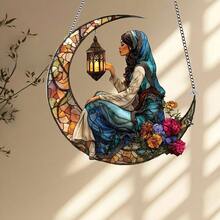 7.87 X 7.87 Inch Acrylic Decorative Piece With Muslim Girl Holding Moonflower, Suitable For Eid Festival Decoration - A - View 5