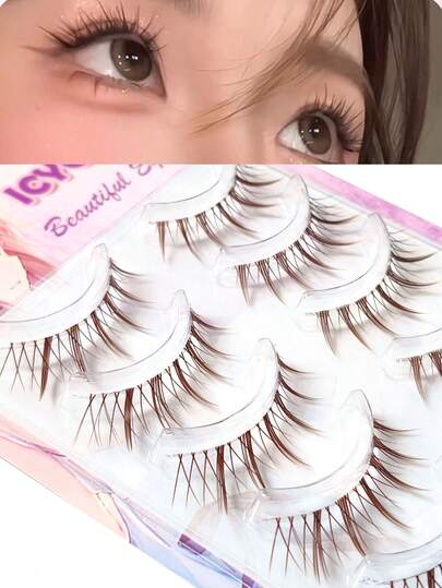 5对/盒 焦糖色和棕色混合款 时尚轻盈 妩媚 自然假睫毛，纤长睫毛尖端，适合日常佩戴