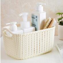 Bộ 3 giỏ đựng đồ bằng nhựa đan lát có tay cầm, màu be, kích thước 6.3"X4.72"X3.54", hộp đựng đồ nhỏ bằng nhựa, thích hợp để trên bàn làm việc, trong tủ quần áo, đựng phụ kiện, đồ ăn nhẹ, phòng tắm và nhà cửa - Hộp đựng đa năng cho văn phòng tại nhà, kệ tủ quần áo, tủ đựng đồ nhà bếp và tất cả các vật dụng cần thiết trong phòng ngủ. - Màu be - Xem 6