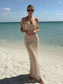 女士荷叶边性感透视休闲沙滩亮片罩衫连衣裙 - 卡其色 - 查看 4