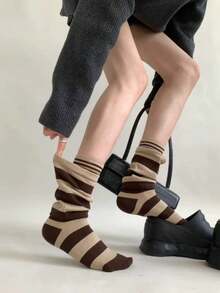 1/4 Pairs 2 In 1 Design Striped Layered Mid-Calf Socks, Suitable For All Seasons - Multicolor - View 3