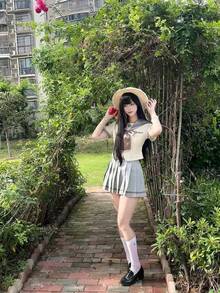 Cosplay Clothing - Bộ đồng phục thủy thủ tay dài màu trắng + nơ cổ + chân váy xếp ly màu xanh nhạt - Xem 9