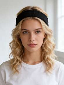 1条简约纯色针织罗纹弹力发带，窄款运动瑜伽发带，男女通用，休闲涤纶材质 - 彩色 - 查看 3