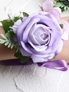 1件/6件装优雅玫瑰花配仿真绿植腕花，浪漫风格，适合新郎、新娘、伴郎、伴娘、婚礼、订婚、派对、宴会等场合。 - 淡紫色 - 查看 5