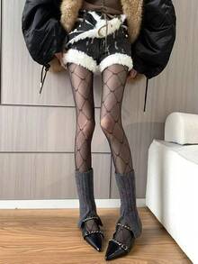 1 Pair New Arrival High-End Jacquard Pantyhose, Grid Stripe Sexy Sweet Sheer Black Tights - Romantic Date, Daily & Evening Party Wear - Black - View 4