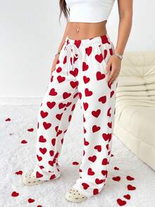 LOVE JOYY Women's Casual Red Heart Print Drawstring Pocket Wide Leg Pants, Perfect For Holidays, Street Style And Everyday Wear - Multicolor - View 3