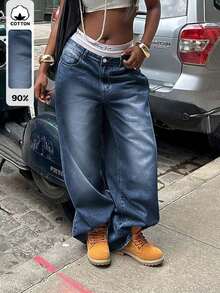 Versatile Oversized Wide-Leg Jeans For Spring & Autumn, Comes With High-Waisted Design & Elastic Waistband, Comfortable To Wear For Long Hours, Effortlessly Complements Daily Looks, Perfect For Casual Dates, Shopping Trips & Daily Errands - 藍色 - 查看 3