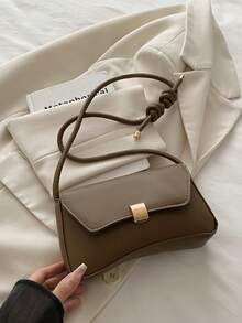 新款时尚休闲金属配件零钱包女士手提包，纯色PU皮革 - 棕色 - 查看 3