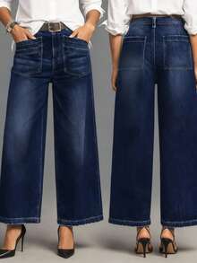 Women's New Fashion Pocket Design Casual Vintage Loose Fit Wide Leg Jeans,Straight Leg Long Denim Pants, Easily Adjusts Leg Shape, Elongating And Slimming, Suitable For Work Commute, Casual Daily Wear - 深藍 - 查看 1