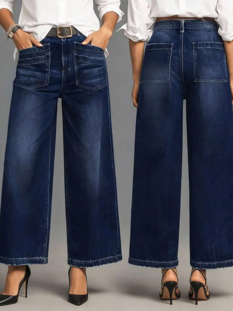 Women's New Fashion Pocket Design Casual Vintage Loose Fit Wide Leg Jeans,Straight Leg Long Denim Pants, Easily Adjusts Leg Shape, Elongating And Slimming, Suitable For Work Commute, Casual Daily Wear - 深藍 - 查看 1