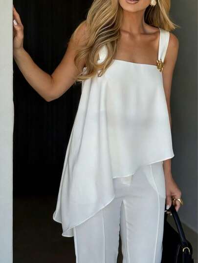 女士无袖不对称下摆薄纱吊带衫，饰有装饰肩带，夏季白色