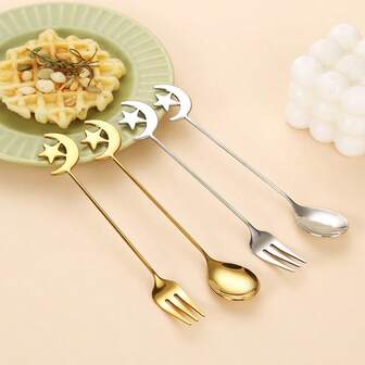 6/10/20 piezas Tenedor y cuchara con diseño de estrella y luna, batidor de café de acero inoxidable, tenedor de postre, adecuado para el té de la tarde diario, el festival de Ramadán y varias ocasiones
