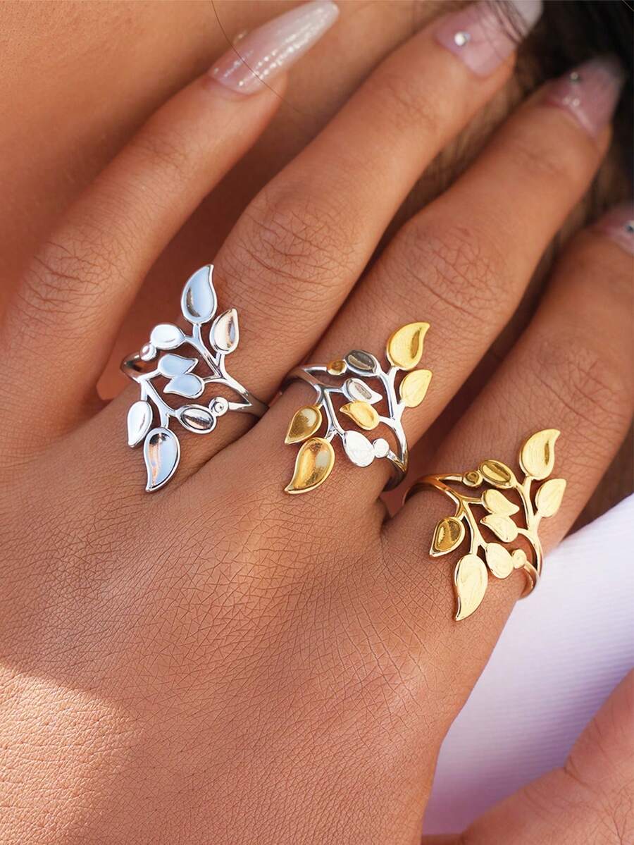 3pcs/1pc Vintage Gold Stainless Steel Adjustable Ring Jewelry Accessories, Green Leaf, Women's Promise Ring, Quality High Jewelry - Multicolor - View 1