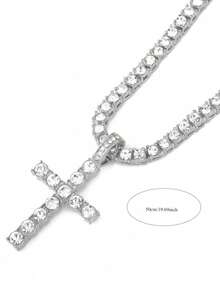 1pc Men's Fashion Creative Crystal Tennis Chain Cross Pendant Necklace - Sparkling Jewelry, Showcasing Refined And Elegant Style - Multicolor - View 4
