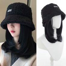 12英寸黑色中长款耐热合成假发，配黑色渔夫帽，女士款 - 彩色 - 查看 10
