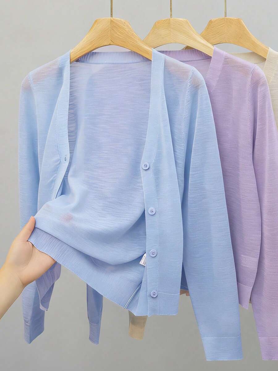 GIGOGOU 女士轻薄针织开衫防晒长袖休闲外套，春夏款 - 藍色 - 查看 1