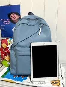 1 Mochila escolar de gran capacidad de nailon para estudiantes, mochila de unicolor simple para estudiantes universitarios, mochila de nailon para damas, mochila de viaje para niñas, bolso de hombro - Azul - Ver 2