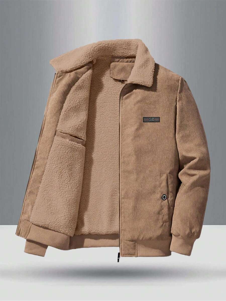 Teen Boy Solid Color Thermal Lined Warm Zip-Up Jacket With Letter Patch, Winter