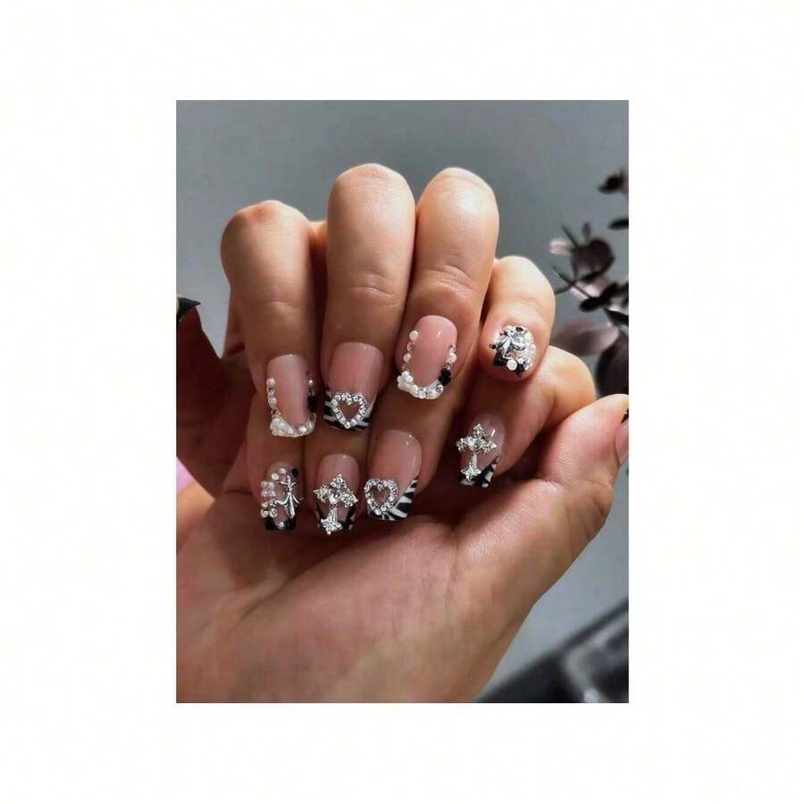 Y2K 24Pcs Set French Style Black & White Tie Dye Polka Dot Press-On Nails, Reusable, With Bowknot, S - 黑白-3 - 查看 1