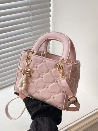 Fashionable New Women's Handbag, Solid Color Minimalist PU Small Square Bag, Rabbit Print Design, Elegant And Chic, Suitable For Dates, Shopping, Versatile, Comes With Scarf, Bow, And Pearl Pendant, Great Valentine's Day Gift